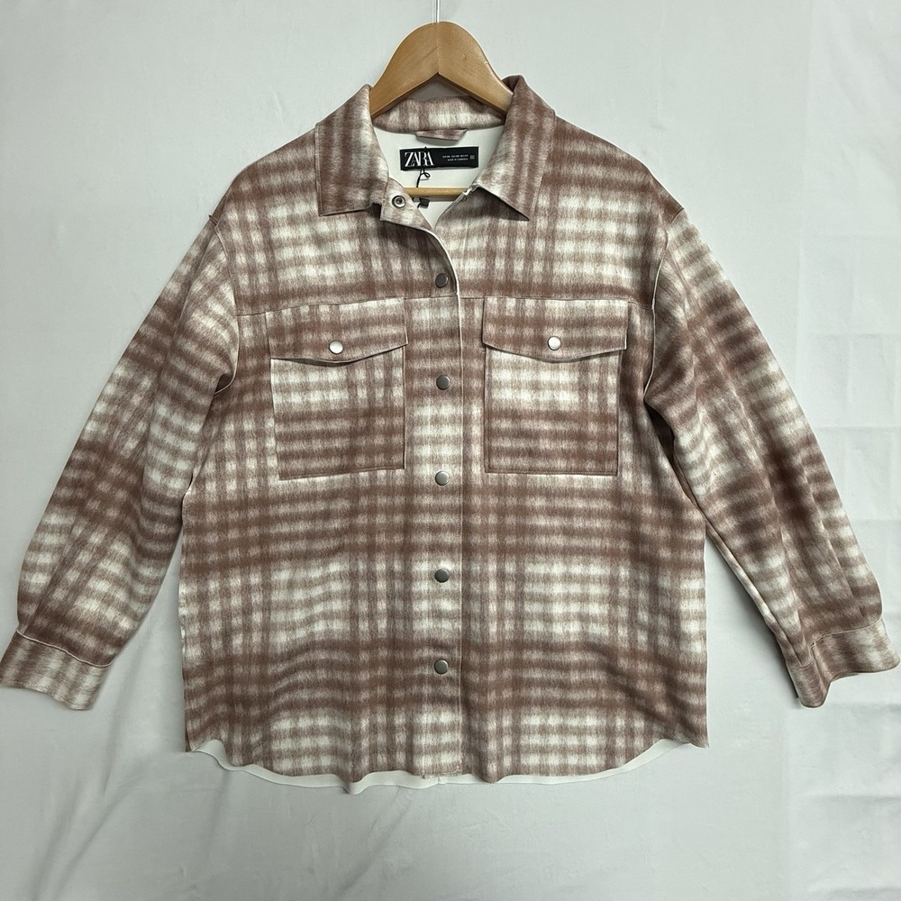 Zara Womens XS Plaid Shacket NWT Snap Front Shirt Jacket‎ Brown Cream - Picture 3 of 16